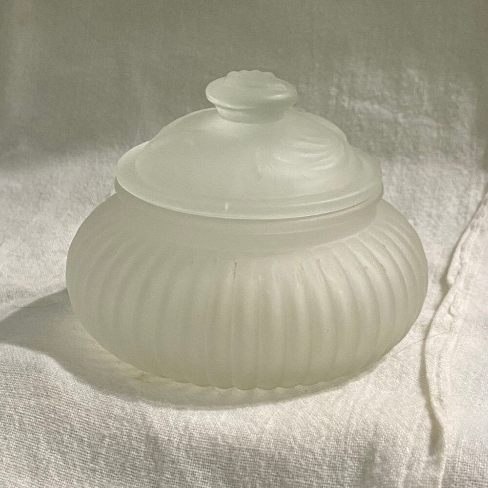 Satin Glass Vanity Jar Ribbed Embossed Floral Lid 3" x 3.25" Frosted Powder Box